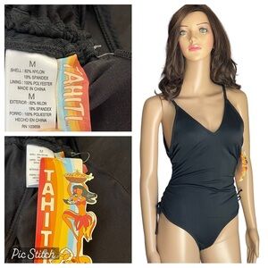 Tahiti Women's black Sexy Ruched Draw
String One Piece Swimsuit Size M‎